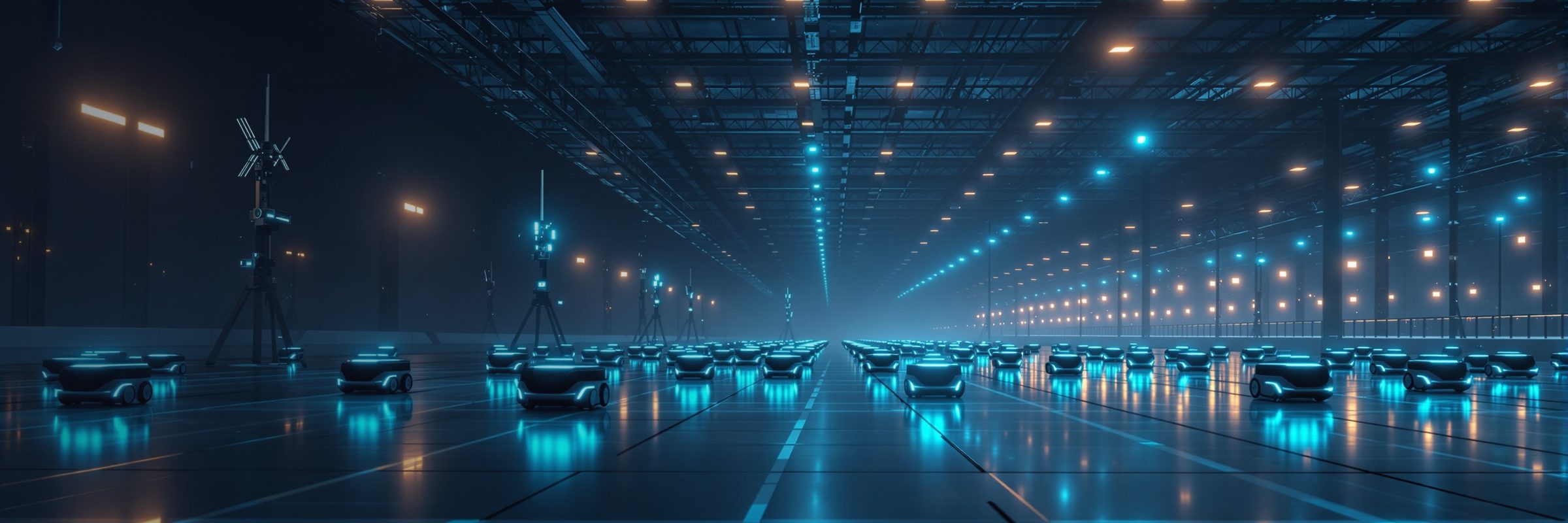 A robot fleet in a warehouse at dusk, with 5G masts among the robot lanes